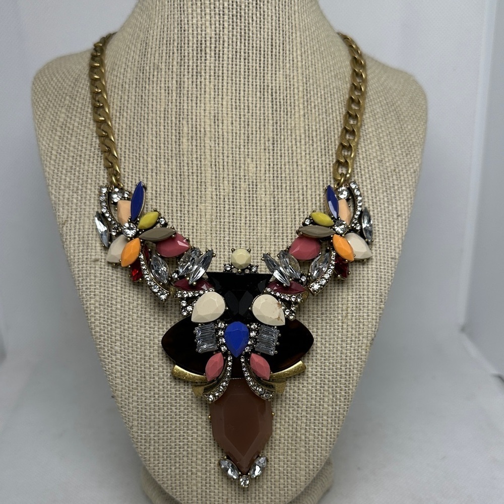 J.Crew Multicolor Stone & Rhinestone Gold Statement Necklace – 17” Long EUC